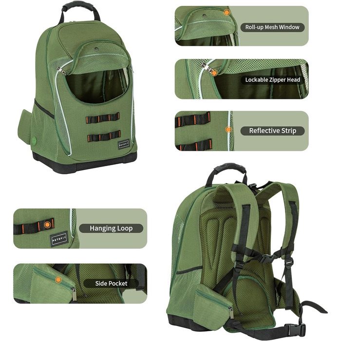 Рюкзак для собак Petsfit до 8 кг, дихаючий, для тривалих подорожей (оливково-зелений-1)