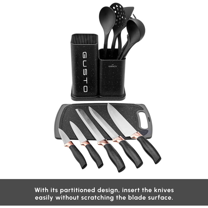 Набір ножів Karaca Gusto 12 предметів з обробною дошкою та кухонними аксесуарами, з нержавіючої сталі, ергономічні ручки, чорний колір