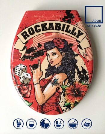 Дизайнерське сидіння для унітазу Rockabilly сидіння для унітазу кришка для унітазу з дюропласту, м'яке закриття, знімається для чищення, 59828