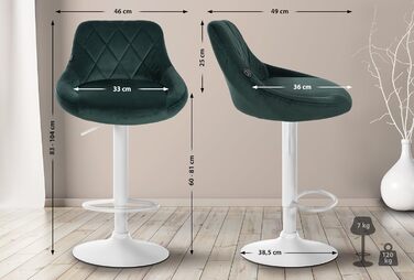 Набір з 2 барних стільців Lazio з велюровим сидінням, поворотні, з підніжкою, регульована висота, металевий каркас (білий), колір сидіння: темно-зелений