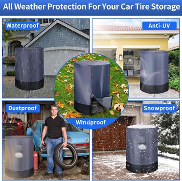 Чохол для коліс автомобіля, великий, міцний, 420D, універсальний, для 4 коліс, з блискавкою, вологостійкий, з світловідбиваючими смугами (Ø 84cm x H 120cm), сірий & чорний