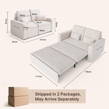 Диван-ліжко Xbro з функцією сну 147x196x87 см, 2-місний, висувний, з 4 роликами, сучасний велюровий диван-ліжко (бежевий)