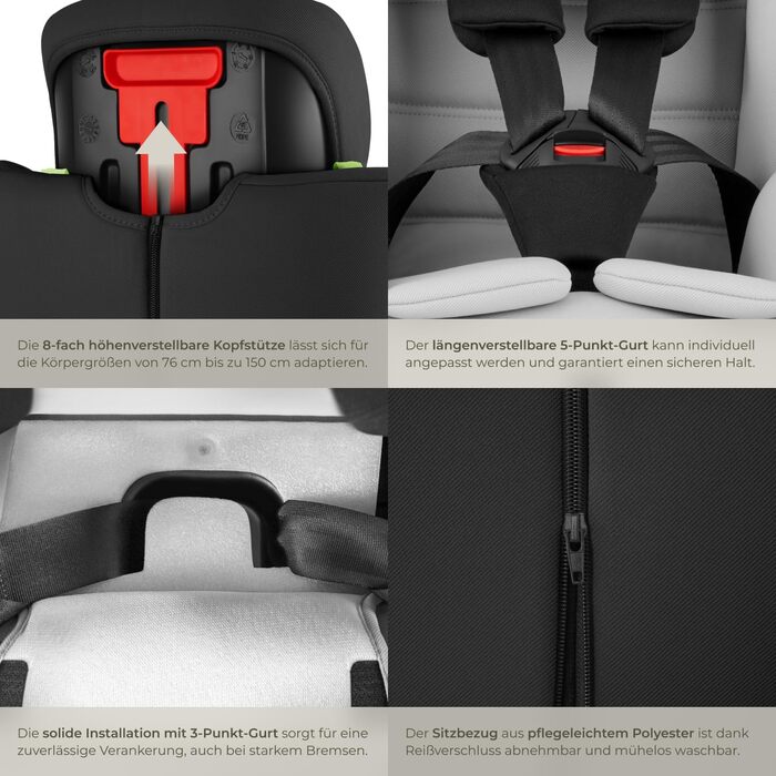 Автокрісло Tectake з 5-точковим ременем, i-Size, бічний захист, бустер для дітей 76-150 см (до 36 кг), світло-сірий/чорний