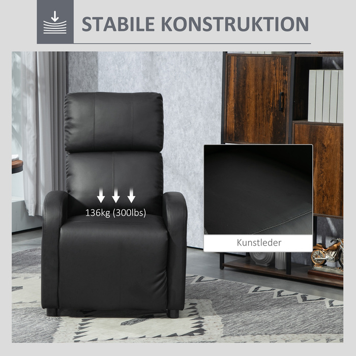 Крісло під телевізор HOMCOM Recliner з функцією відкидання, імітація шкіри чорного кольору, зручне крісло для вітальні та відпочинку