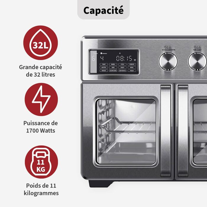 TurboTronic Міні-піч 4-в-1: Конвекційна піч, фритюрниця, дегідратор, гриль. Об'єм 32л, з поворотним шампуром та аксесуарами. Airfryer, піч для піци, міні-стіл (сріблястий)