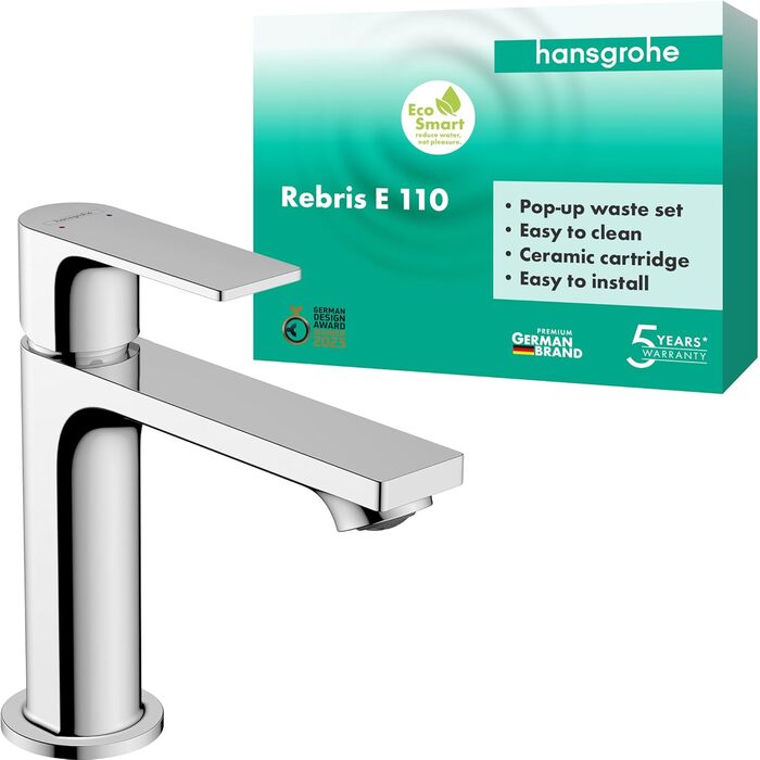 Змішувач для ванної кімнати Hansgrohe Rebris E з висувною коркою, вилив 109 мм, економічний (EcoSmart), хром, 72557000
