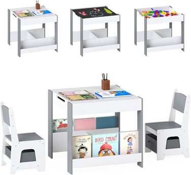 Дитячий стіл LIFEZEAL 3 в 1 з 2 стільцями: стіл для малювання, активностей та обідній стіл. Дерев'яна дитяча група з місцем для зберігання (світло-сірий)