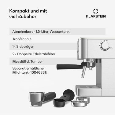 Klarstein SteelPresso Touch – кавомашина еспресо, 1350 Вт, нержавіюча сталь, 1,5 л, сенсорне управління, вбудований капучинатор, компактний дизайн