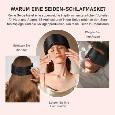 Шовкова маска для сну LitBear, 100% шовк 22 momme, для жінок та чоловіків, регульована, з підкладкою, чорна