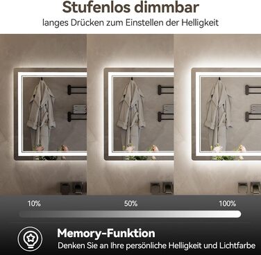 Дзеркало для ванної кімнати зі світлодіодним підсвічуванням 70x50 см, LED Smart дзеркало, антизапар, 3 кольори, регулювання яскравості, горизонтальне/вертикальне кріплення