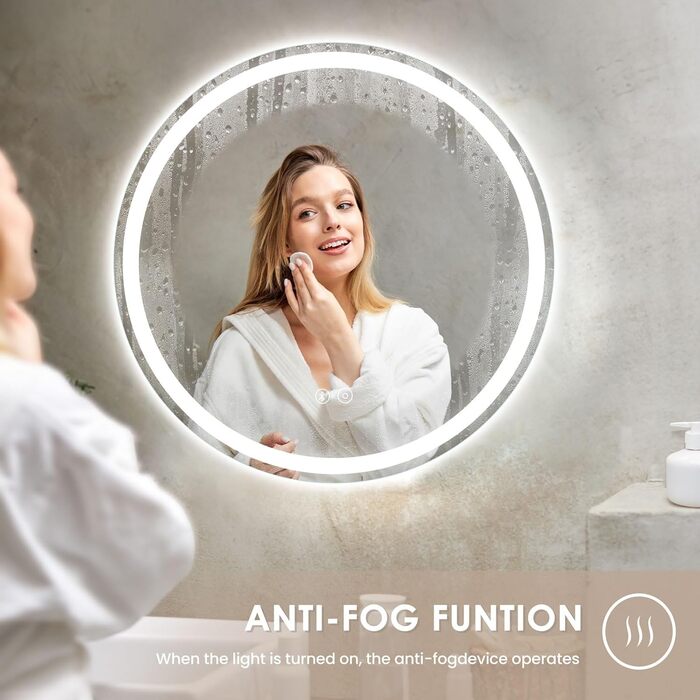 Дзеркало для ванної кімнати Dripex круглої форми з підсвічуванням LED, сенсорне керування, регулювання яскравості, 3 кольори світла, запобігання запотіванню, 50x50 см (Bluetooth, запобігання запотіванню, 3 кольори, регулювання яскравості)
