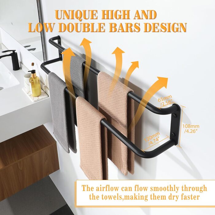 Тримач для рушників подвійний, 80 см, нержавіюча сталь 304, чорний колір, для ванної кімнати та кухні