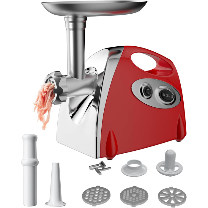 Електрична м'ясоподрібнювач Fleischwolf 2800W, 3 диски, з насадкою для ковбаси, потужність 2800 Вт, швидкість подрібнення 1,5 кг/хв (червоний)