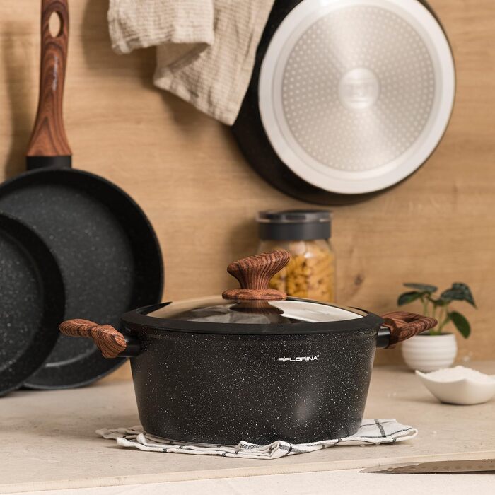 Набір посуду FLORINA MASTER BLACK 6 предметів: каструлі та сковороди з алюмінію з кришками, для індукції, газу, електроплити, кераміки. Можна мити в посудомийній машині