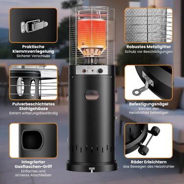 Газовий обігрівач для тераси Heizpilz - 11 кВт, Propan, для саду та тераси, чорний, з регулятором та шлангом 36L x 36W x 137H cm (Газовий балон не входить у комплект)