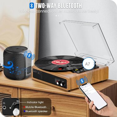 Вініловий програвач FYDEE Bluetooth, ретро-програвач із вбудованими стереодинаміками, 3 швидкості 33/45/78 об/хв, RCA вихід, AUX, світло-коричневий