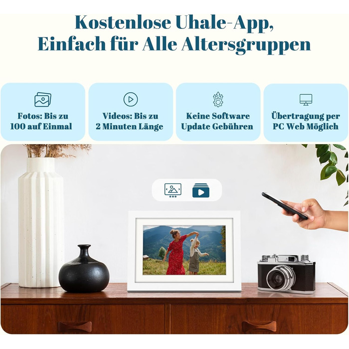 Цифровий фоторамка Eptusmey 10.1 дюймів з Wi-Fi, дуб, 32GB, IPS Touchscreen, відтворення фото/відео через Uhale APP, подарунок для чоловіків та жінок, білий