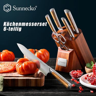 Набір ножів Sunnecko 6 шт. з підставкою – кухонний набір ножів для кухні, з ергономічними ручками та гострими лезами, з підставкою з нержавіючої сталі та акацієвого дерева