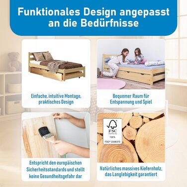 Дитяче ліжко Врубель 90x200 см з 2 шухлядами та ламелями - односпальне ліжко з масиву сосни - ліжко Монтессорі для дітей - ліжко-юніор білого кольору - без матрацу