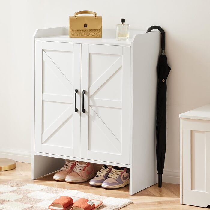 Шафа для взуття 5-ярусна в стилі фермерського дому з 2 дверцятами, самостійна шафа для взуття з регульованою полицею та металевими кутовими прикрасами для передпокою та коридору, біла