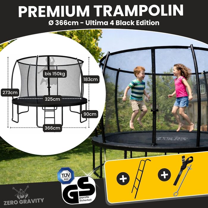 Батут Zero Gravity Ultima 4 Ø366 см: Комплект з драбиною, чорний, TÜV GS, швидке складання для вулиці