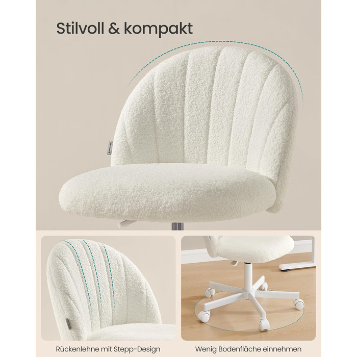Крісло SONGMICS для дому та офісу, крісло для макіяжу з флісу, регульоване по висоті, для робочого кабінету, спальні, гардеробної, кремово-біле, OBG027WD01