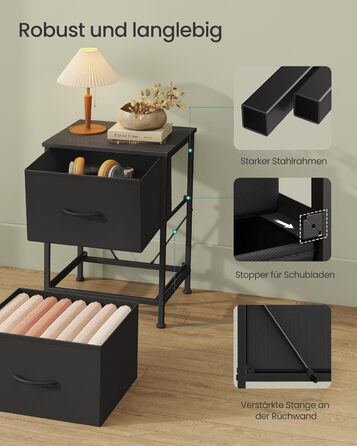 SONGMICS Комод з 2 висувними ящиками, шафка для зберігання, сталь, MDF, тканина, для спальні, прихожої, вітальні, чорний, LGS312BH03