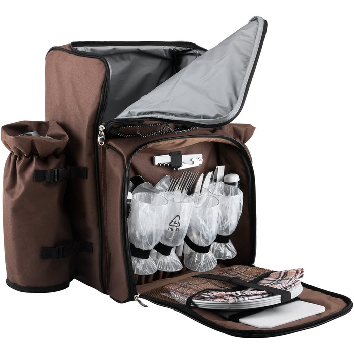 Рюкзак для пікніка Andora на 4 особи з інтегрованою сумкою-холодильником, зелений, з аксесуарами (колір: коричневий)