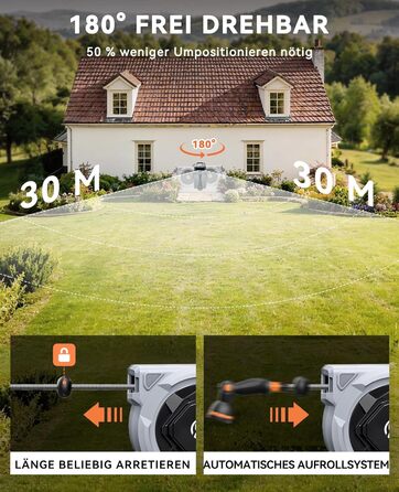 Шланговий барабан SUNPOW настінний 30м для саду, тераси та двору. Автоматичний намотувач шланга 16 мм з фіксацією, поворотна стійка 180°, 10-функціональна насадка для поливу.