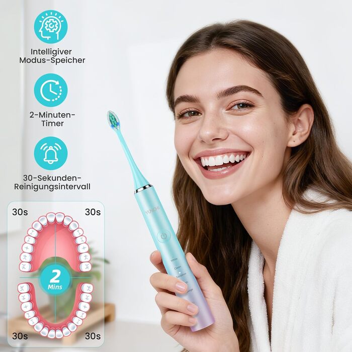 Електрична зубна щітка Yunchi, звукова, для дорослих та дітей - 40000 VPM, USB-C, 5 режимів, інтелектуальна функція, 8 насадок + чохол, блакитна Ycdz-y7