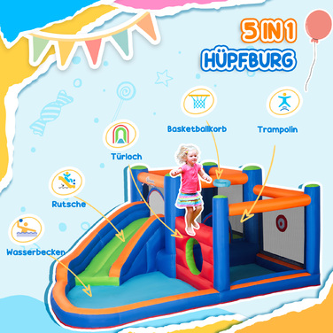 Надувний батут-водяний парк Outsunny з насосом, гіркою, баскетбольним кільцем та ігровим центром для дітей від 3 років, ідеально підходить для саду.