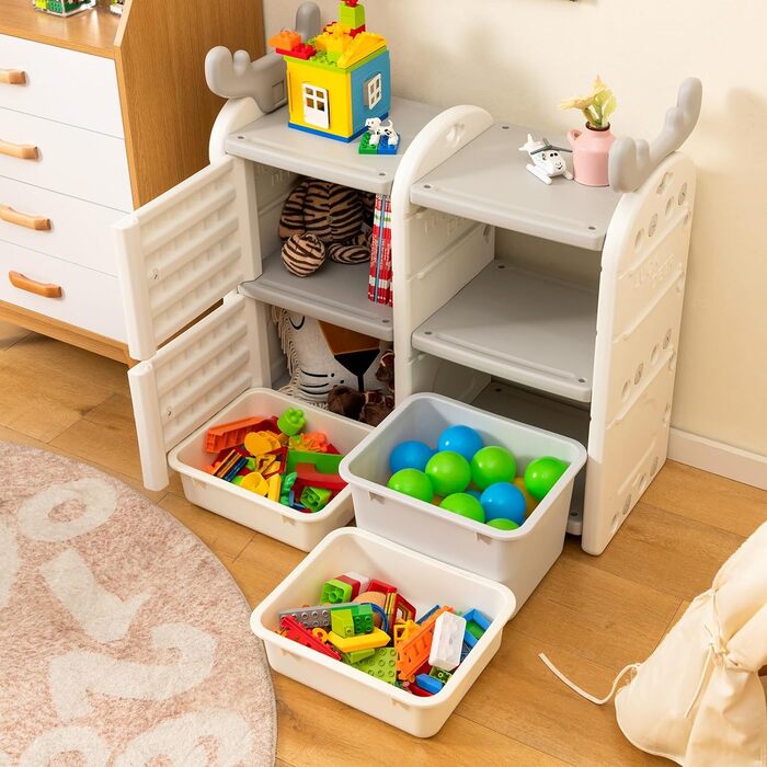 Дитяча полиця COSTWAY, полиця для іграшок з 3 ящиками для зберігання та книжковою шафою, полиця для зберігання іграшок 78 x 32 x 78 см, дитяча полиця для хлопчика, дівчинки (оленя)