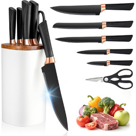 Набір ножів Makfoner 6 шт. з знімним бруском: кухонні ножі Сантоку, для хліба, кухонні, для чищення, універсальні, ножиці, з нержавіючої сталі, білий