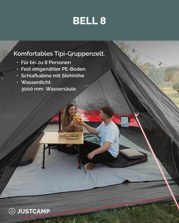 Намет Bell Tipi JUSTCAMP для сімей та груп 8 осіб, сірий - водонепроникний (3000 мм), висока стеля