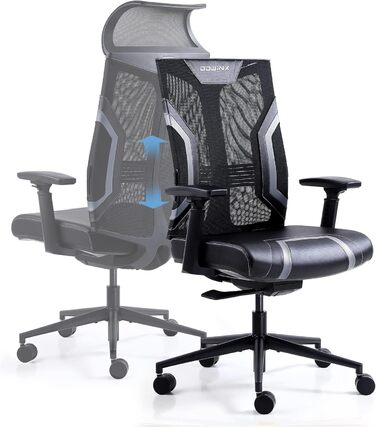 Ігровий крісло Dowinx для офісу та дому: ергономічне, з 3D підлокітниками, функцією гойдання, шкіряне, поворотне, чорно-сіре