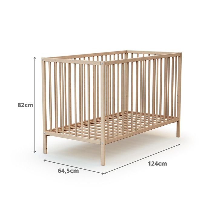 Дитяче ліжко Webaby Holz 60x120cm з бука, натуральний колір, з регульованим дном та бортиками | Від народження | Комфортний сон
