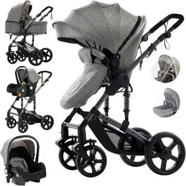 Дитяча коляска 3 в 1 з шасію-книгою та подвійною амортизацією, механізм складання одним кліком для новонароджених та малюків (Сірий)