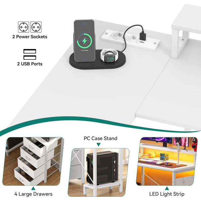 Кутовий стіл YITAHOME з LED-підсвічуванням, 4 шухлядами, 2 розетками та USB-портами, 130x100 см (білий)