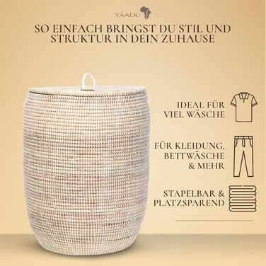 Кошик для білизни YAADU з кришкою - великий (XXL), африканський кошик для збору білизни, кошик для прання, білий/плоский