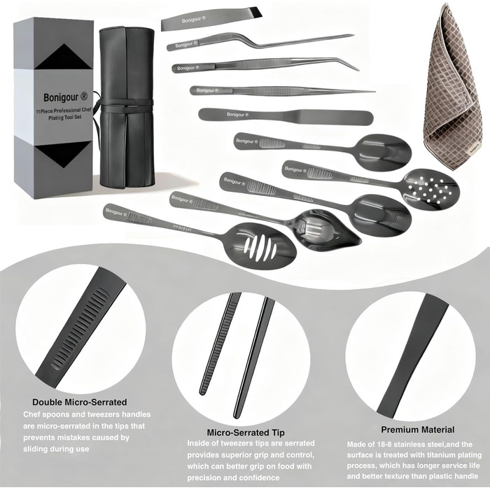 Набір кухонних аксесуарів 11 в 1, професійний, з нержавіючої сталі, чорний | Кухоль, лопатка, ложка, прес-пап'є