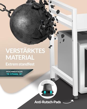 Стійка для мікрохвильової печі та кухонні полиці з нержавіючої сталі, 2-ярусна | Стійка для мікрохвильовки, полиця для зберігання, полиця для пекаря, регульована висота та довжина | З інструкцією у відеоформаті та гачками (Білий)