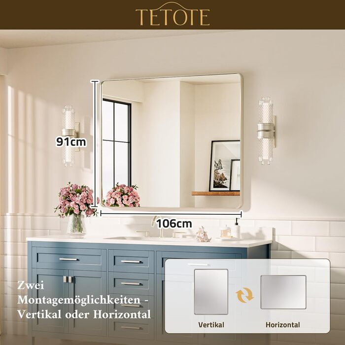 Дзеркало для ванної кімнати TETOTE 40x50 см, прямокутне, з металевим каркасом, з закругленими кутами, скло загартоване