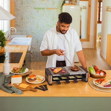 Електричний гриль-ракушетка Cecotec Raclette Cheese&Grill 16000 Inox на 8 осіб, 1400 Вт, з регулюванням температури, 2 грильні пластини (алюміній 20x22 см та натуральний камінь 20x22 см), 8 сковорідок та 8 лопаток