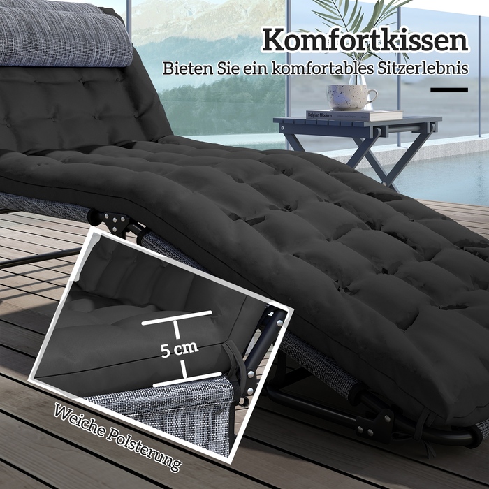Розкладний шезлонг для саду з підголовником, лежак з регульованою спинкою (4 положення) та бічною кишенею, колір чорний
