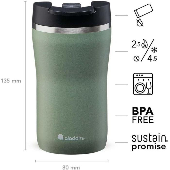 Термокружка Aladdin Barista Java з нержавіючої сталі 0.47L - Leak-Lock, для кави To Go, зберігає тепло 4 години, без BPA, можна мити в посудомийній машині (251 мл, Sage Green)