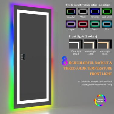 Дзеркало для ванної кімнати LUVODI LED 40x50 см з підсвічуванням, сенсорним вимикачем, 3 режими кольору, захист від запотівання, RGB, Bluetooth, 140x70 см