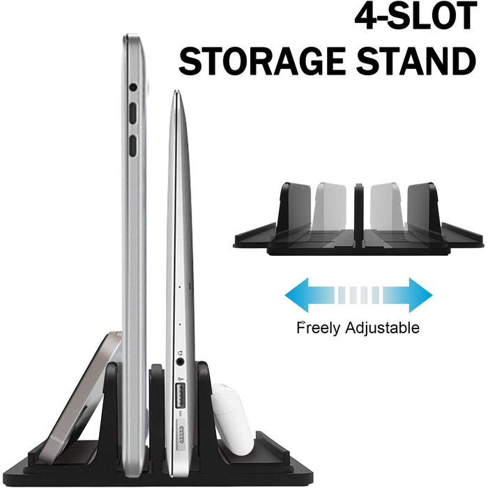 Вертикальна підставка для ноутбука Metal з 4 відсіками, регульована, для MacBook, HP, Chromebook (до 44.5 см) – чорний