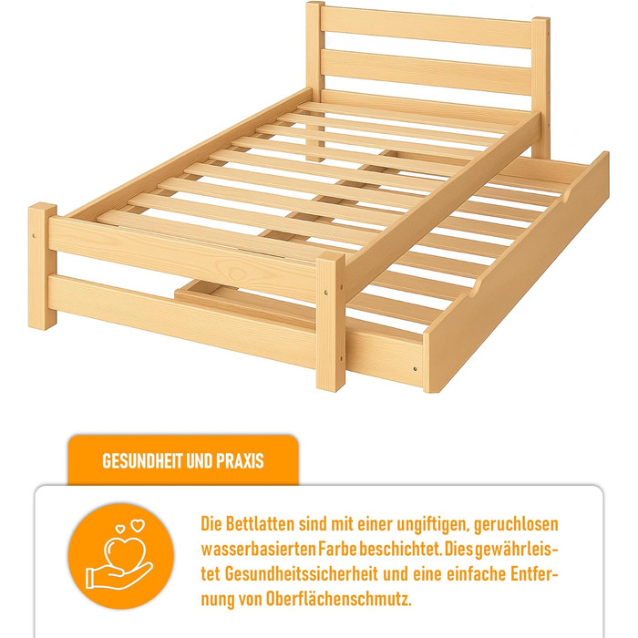 Ліжко дитяче Вробель Kinderbett 90x200 см з 2 ящиками та ламелями - односпальне ліжко з масиву сосни - ліжко Монтессорі для дітей - ліжко-ліжко для підлітків білого кольору - без матрацу