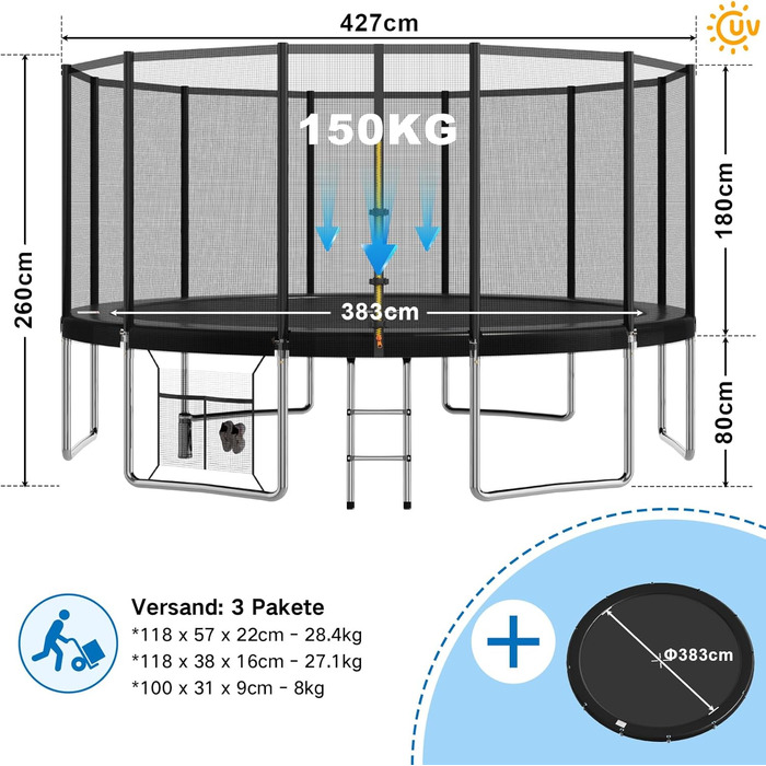 Батут Devoko вуличний Ø427 см з захисною сіткою, драбиною та м'яким бортиком - для дітей та дорослих, чорний
