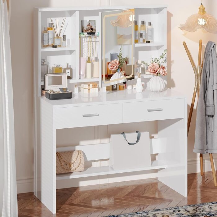 Трюмо JUMMICO з LED-підсвічуванням, дзеркалом та гачками для прикрас, 2 шухляди, 4 відкриті полиці, білий колір